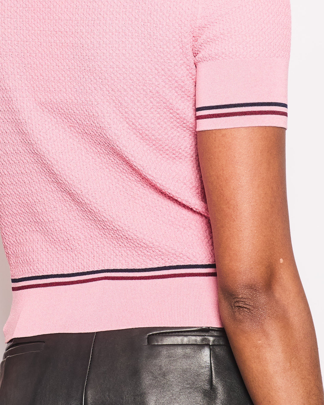 Top Quality Chanel Pink Knitted T-Shirt with Navy, Burgundy Stripe Detail CC Button Size FR 34 (UK 6)