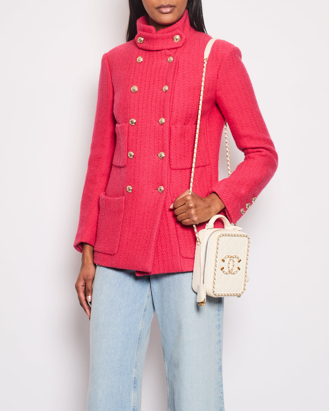 Top Quality Chanel Hot Pink Long-Sleeve Tweed Jacket with Gold CC Button Detail Size 34 (UK 6)