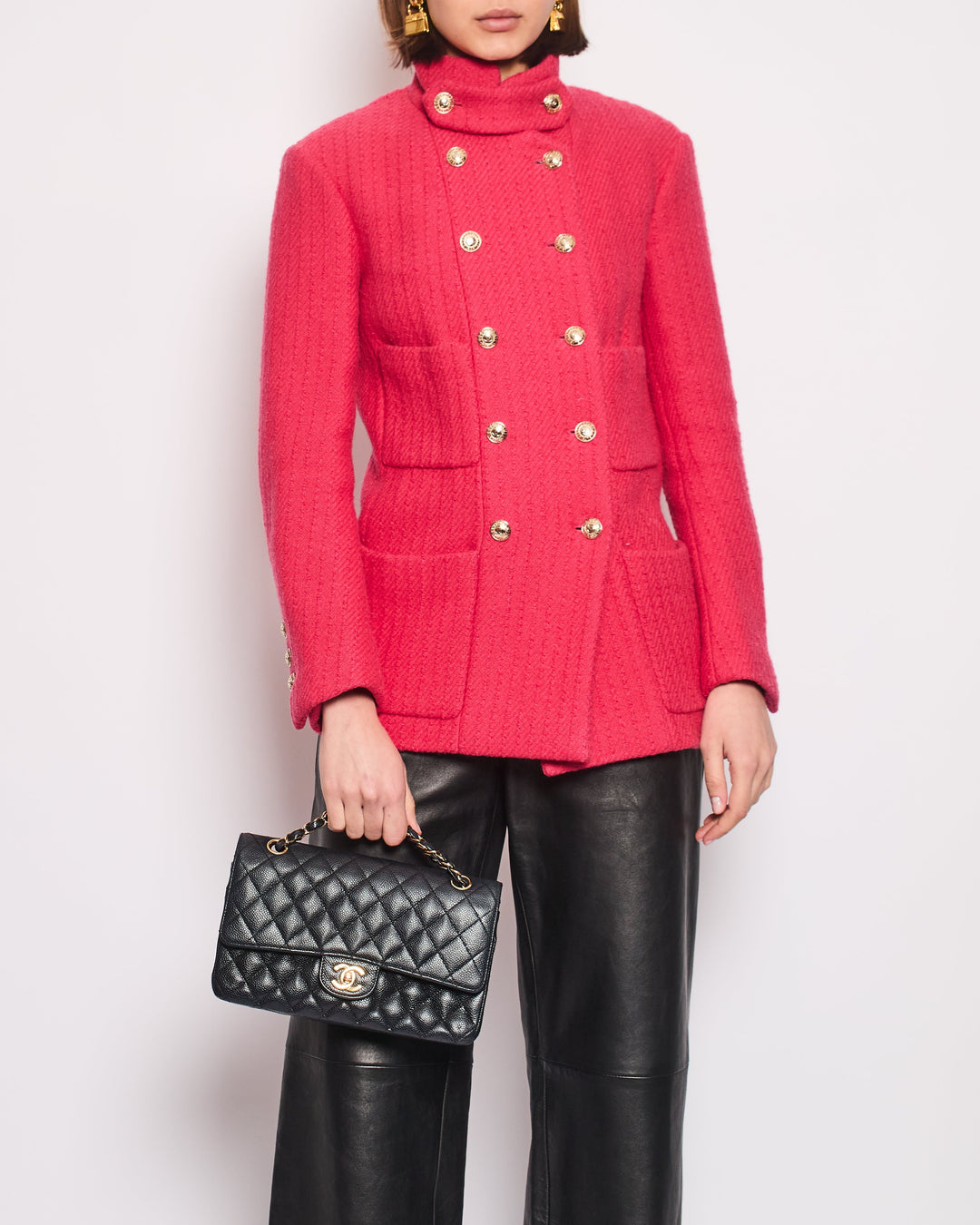 Top Quality Chanel Hot Pink Long-Sleeve Tweed Jacket with Gold CC Button Detail Size 34 (UK 6)