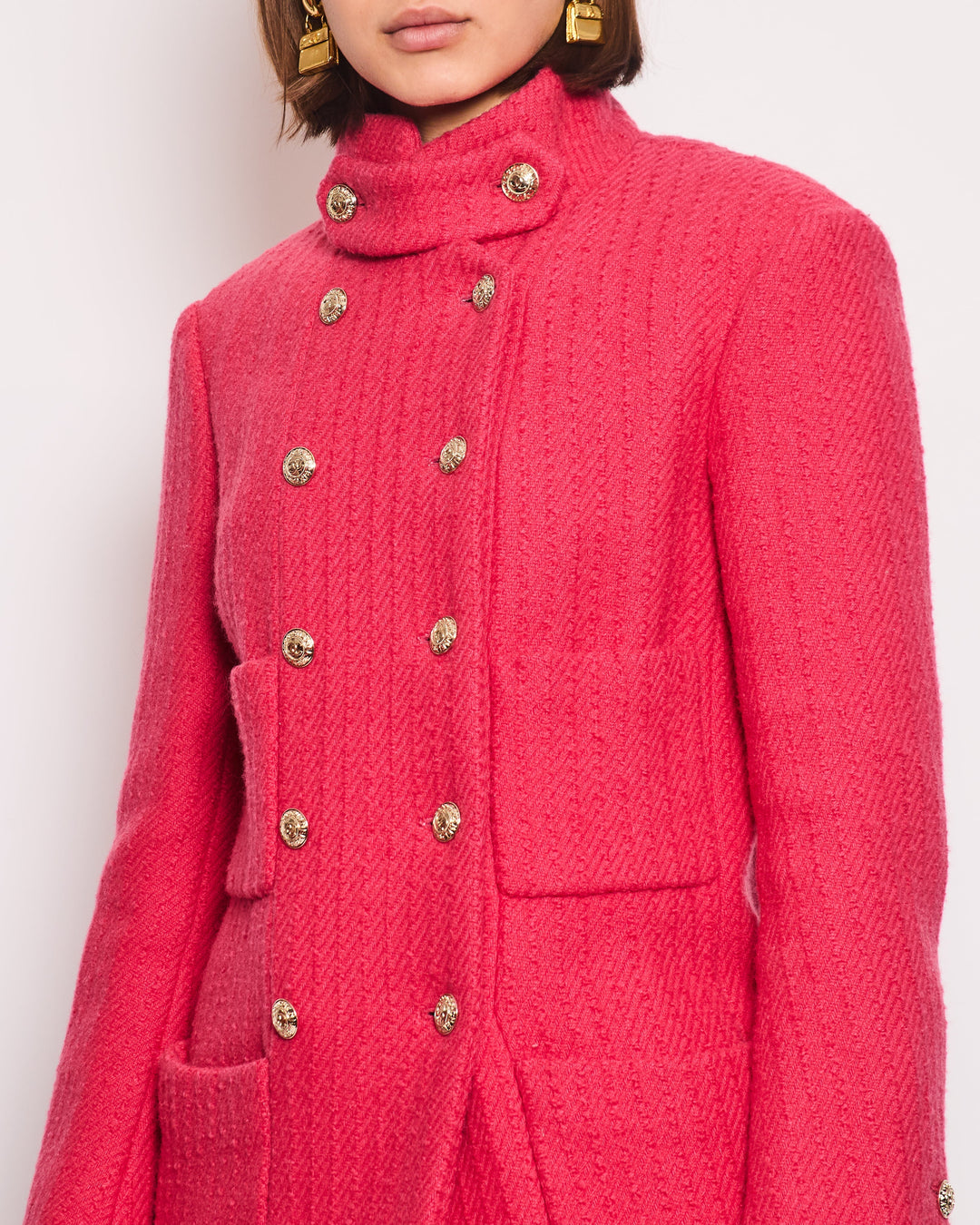 Top Quality Chanel Hot Pink Long-Sleeve Tweed Jacket with Gold CC Button Detail Size 34 (UK 6)
