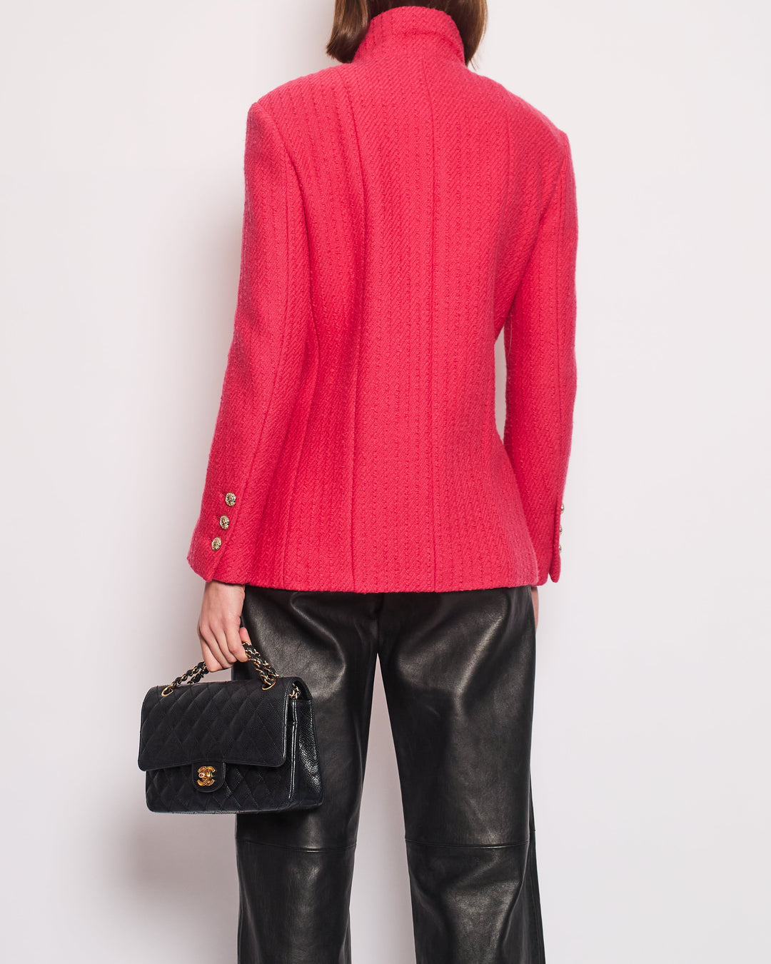 Top Quality Chanel Hot Pink Long-Sleeve Tweed Jacket with Gold CC Button Detail Size 34 (UK 6)