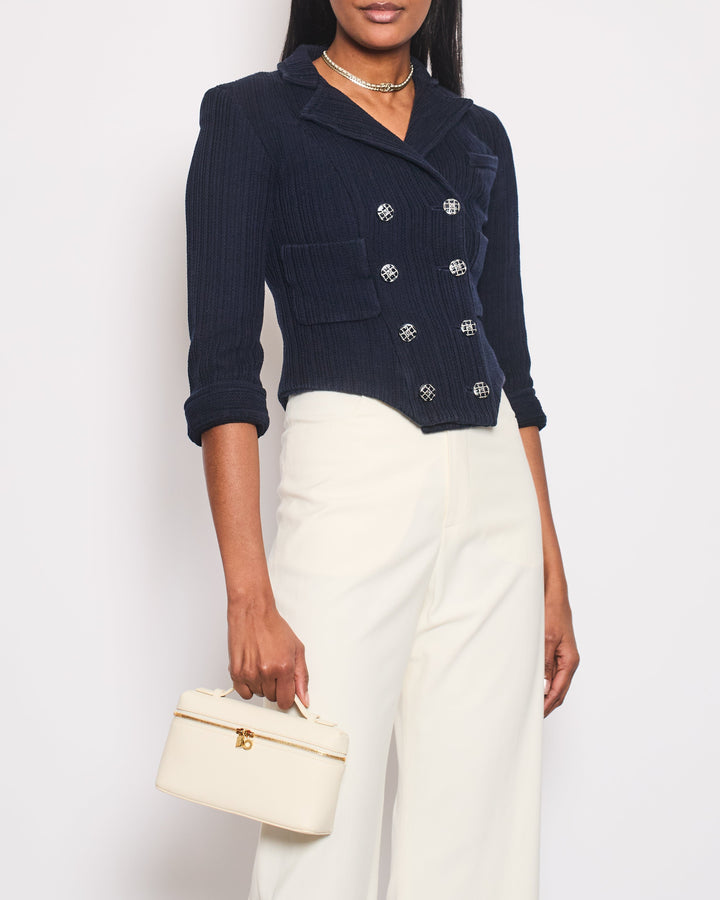 Top Quality Chanel Navy Tweed Cropped Sleeve Jacket with Black, Silver Check Round CC Logo Buttons Size FR 34 (UK 6)