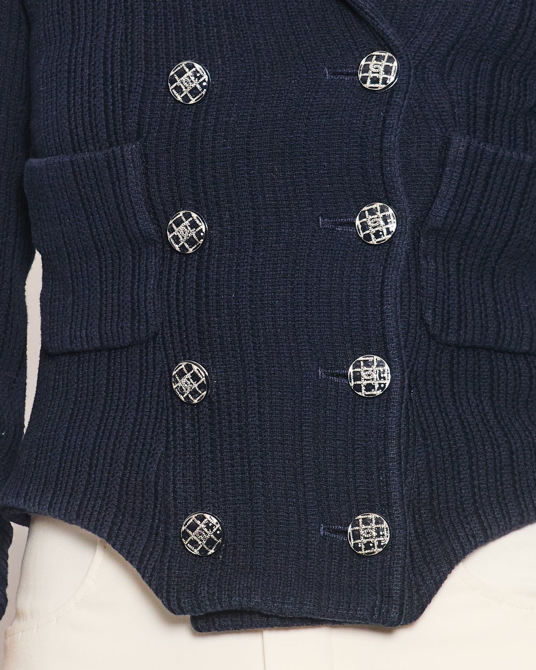 Top Quality Chanel Navy Tweed Cropped Sleeve Jacket with Black, Silver Check Round CC Logo Buttons Size FR 34 (UK 6)