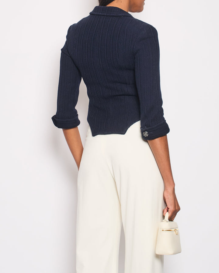 Top Quality Chanel Navy Tweed Cropped Sleeve Jacket with Black, Silver Check Round CC Logo Buttons Size FR 34 (UK 6)