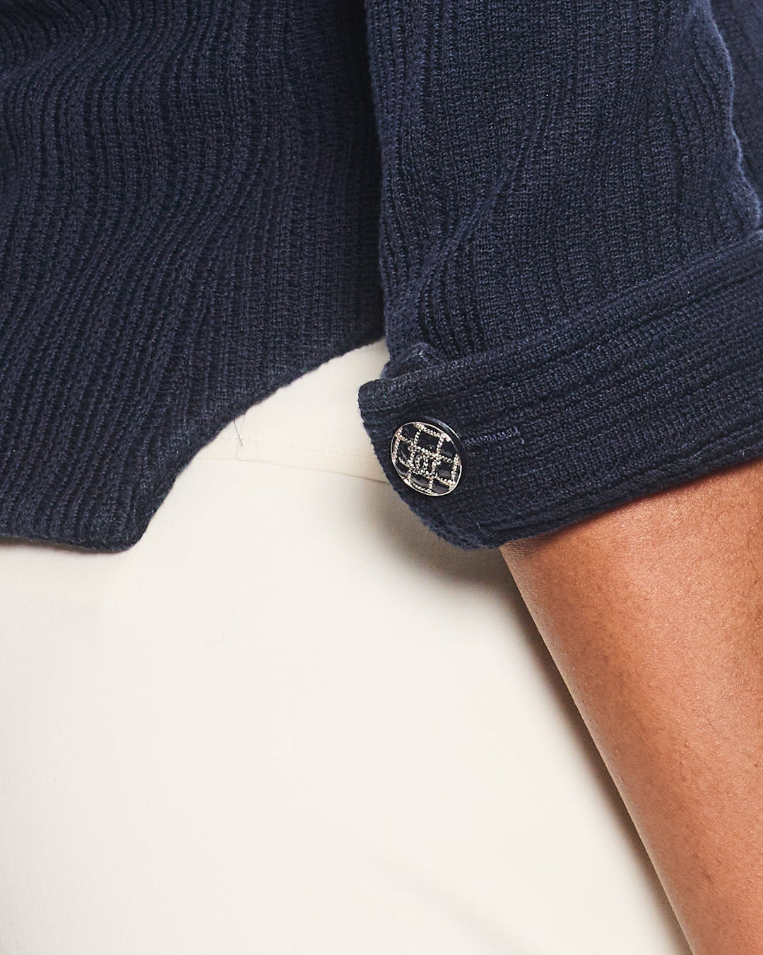Top Quality Chanel Navy Tweed Cropped Sleeve Jacket with Black, Silver Check Round CC Logo Buttons Size FR 34 (UK 6)