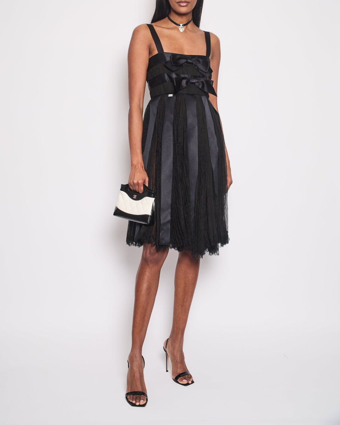 Top Quality Chanel Black Pleated Lace Sleeveless Midi Dress with Navy Silk Bow Details Size FR 38 (UK 10)