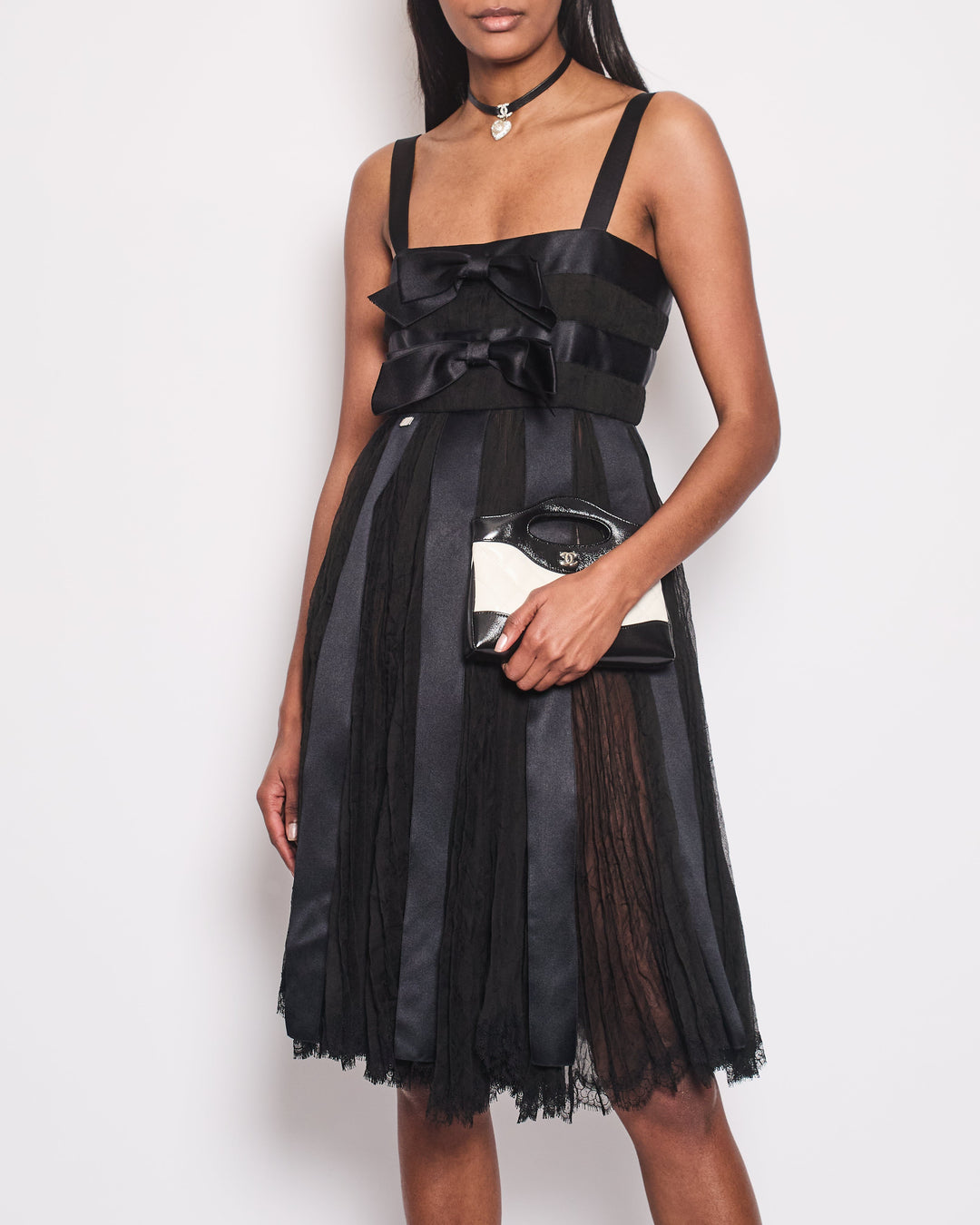 Top Quality Chanel Black Pleated Lace Sleeveless Midi Dress with Navy Silk Bow Details Size FR 38 (UK 10)