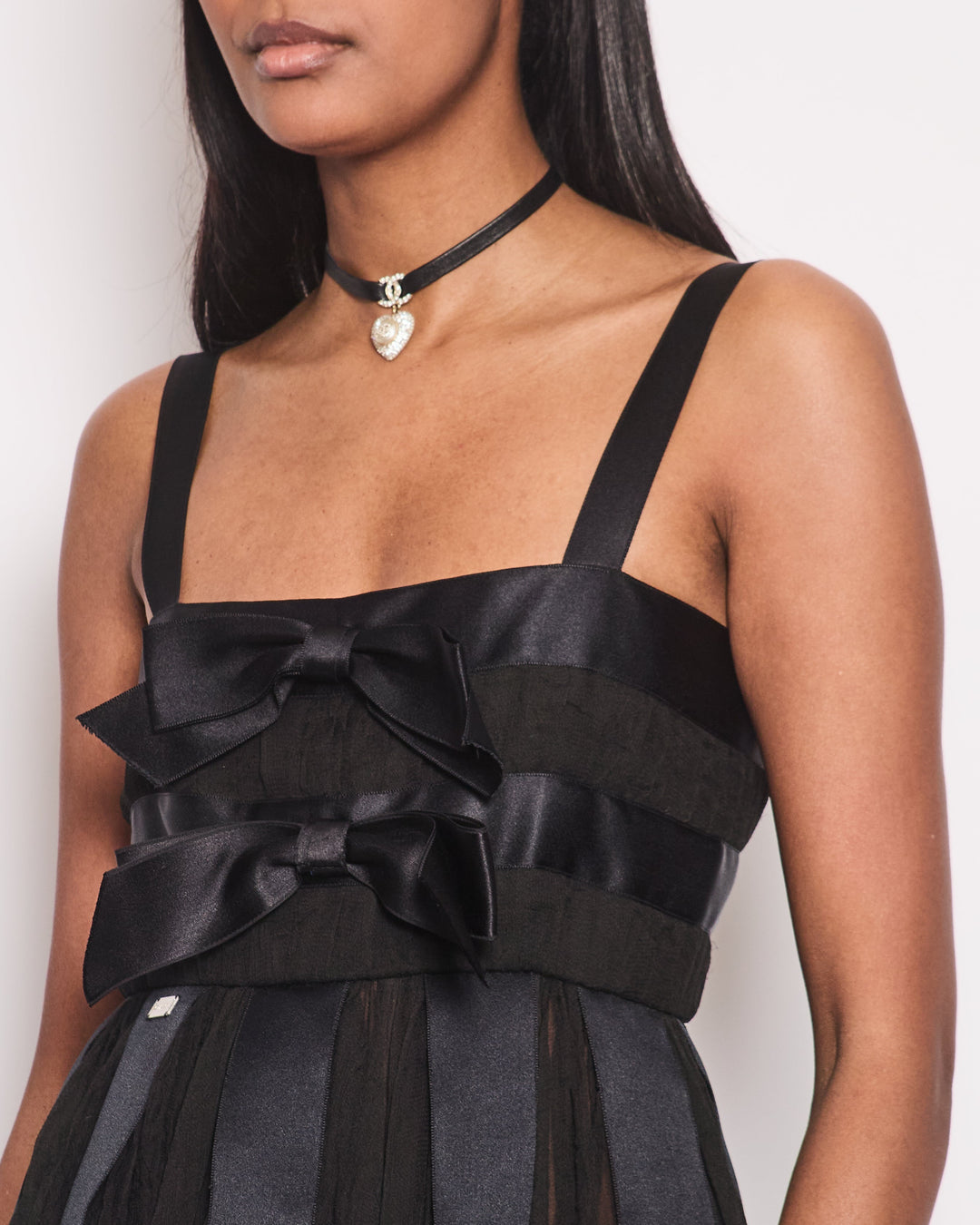 Top Quality Chanel Black Pleated Lace Sleeveless Midi Dress with Navy Silk Bow Details Size FR 38 (UK 10)