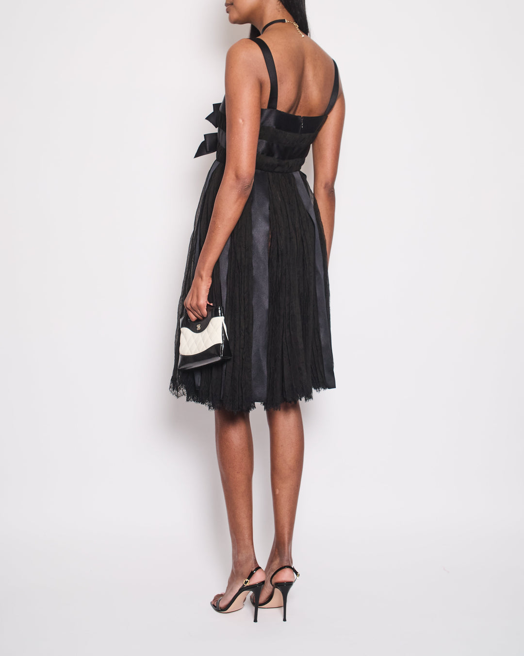 Top Quality Chanel Black Pleated Lace Sleeveless Midi Dress with Navy Silk Bow Details Size FR 38 (UK 10)