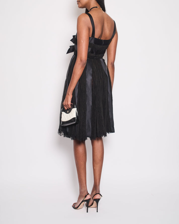 Top Quality Chanel Black Pleated Lace Sleeveless Midi Dress with Navy Silk Bow Details Size FR 38 (UK 10)