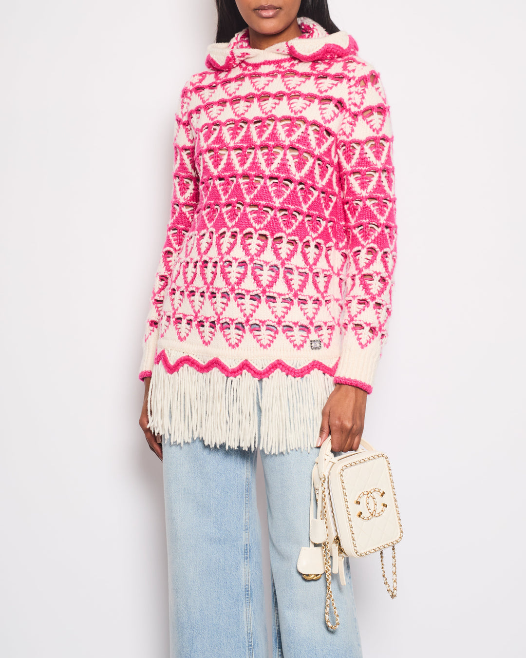*HOT* Top Quality Chanel Pink & Cream Knitted Hooded Jumper with Fringes Detail Size FR 36 (UK 8)