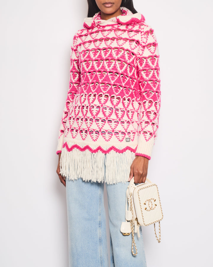 *HOT* Top Quality Chanel Pink & Cream Knitted Hooded Jumper with Fringes Detail Size FR 36 (UK 8)