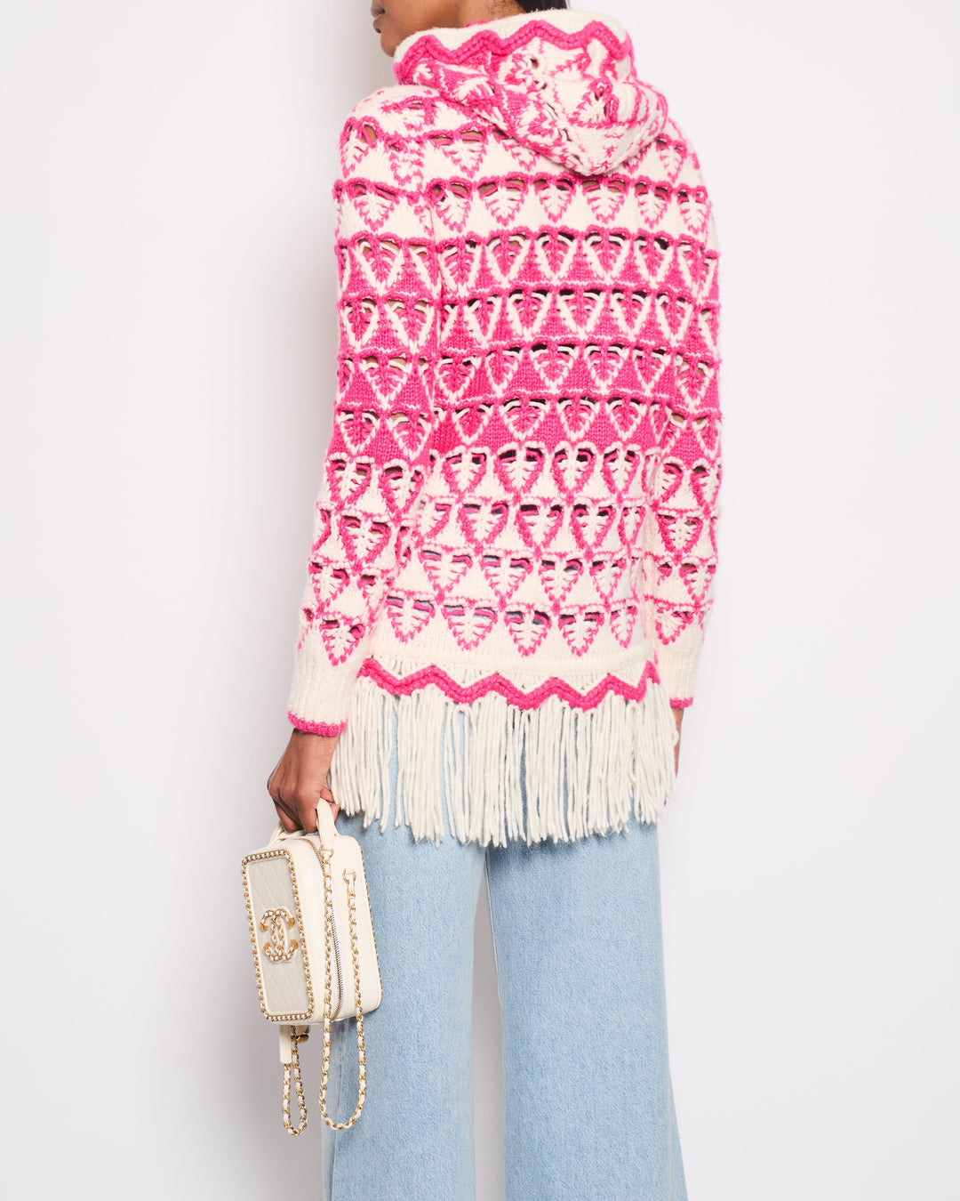 *HOT* Top Quality Chanel Pink & Cream Knitted Hooded Jumper with Fringes Detail Size FR 36 (UK 8)