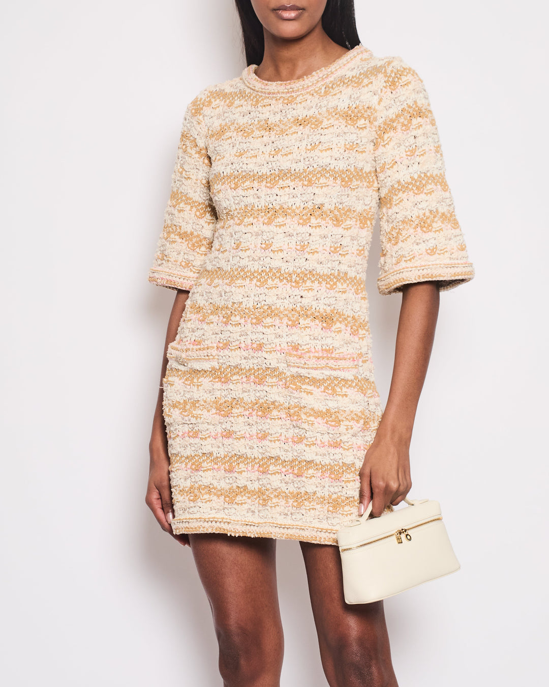 Top Quality Chanel 15A Ivory, Cream & Pink Tweed Dress with 3/4 Sleeves & Crystal Camelia Buttons Detail Set Size FR 34 (UK 6)