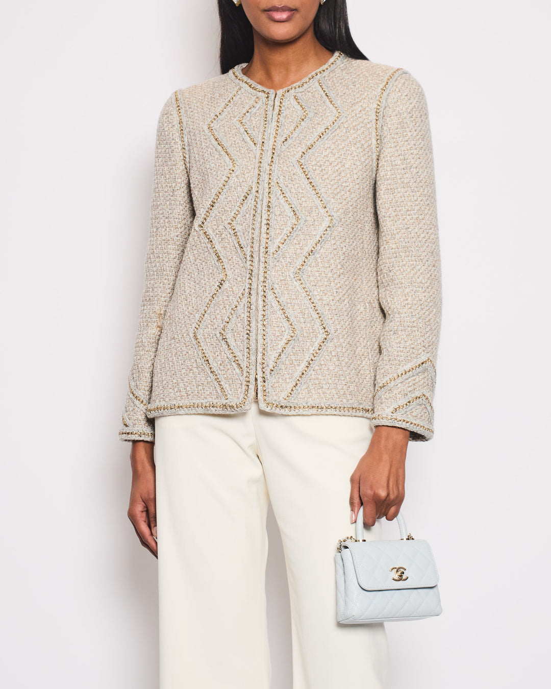Top Quality Chanel Resort 17 Beige Zig-Zag Fantasy Tweed Round Neck Jacket Size FR 44 (UK 16)