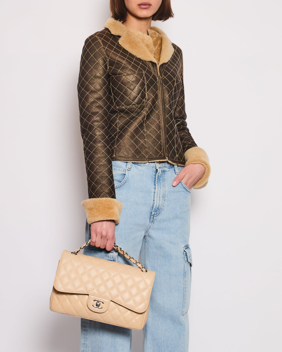 Top Quality Chanel Brown Quilted Stitch Shearling Zip -Up Jacket With Double Collar Detail FR 36 (UK 8)
