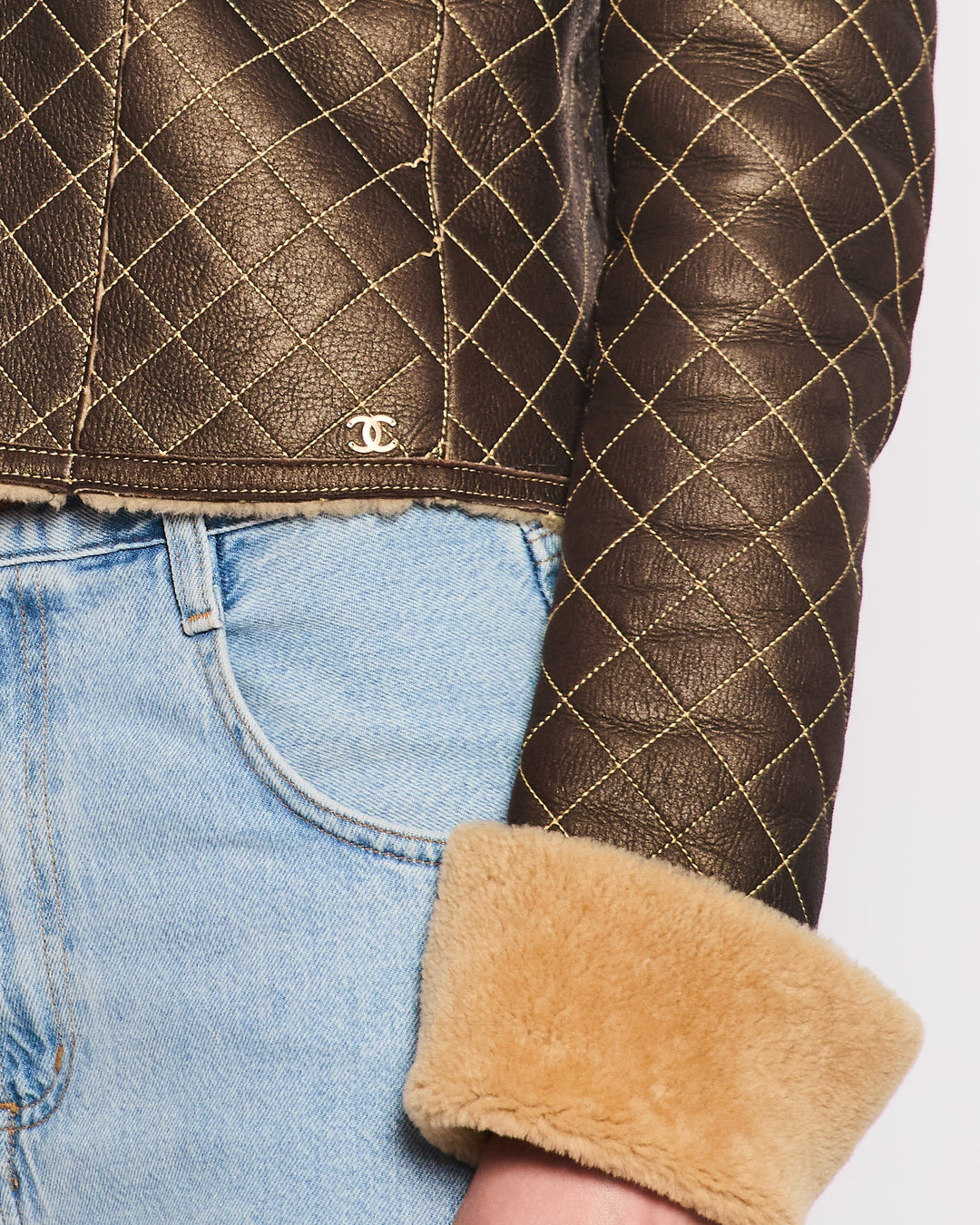 Top Quality Chanel Brown Quilted Stitch Shearling Zip -Up Jacket With Double Collar Detail FR 36 (UK 8)