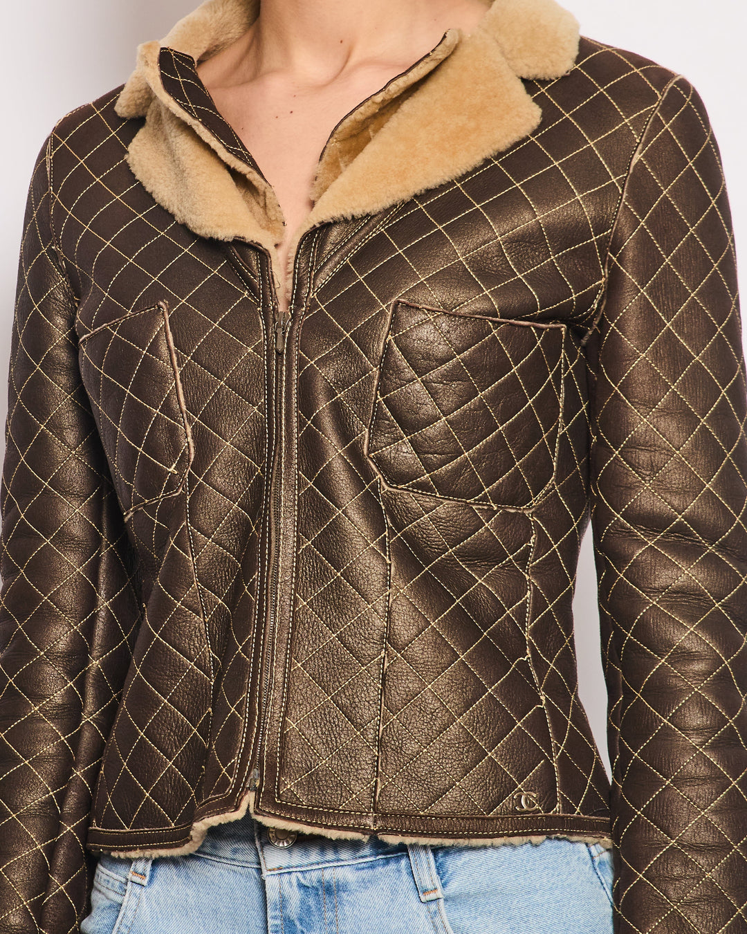 Top Quality Chanel Brown Quilted Stitch Shearling Zip -Up Jacket With Double Collar Detail FR 36 (UK 8)