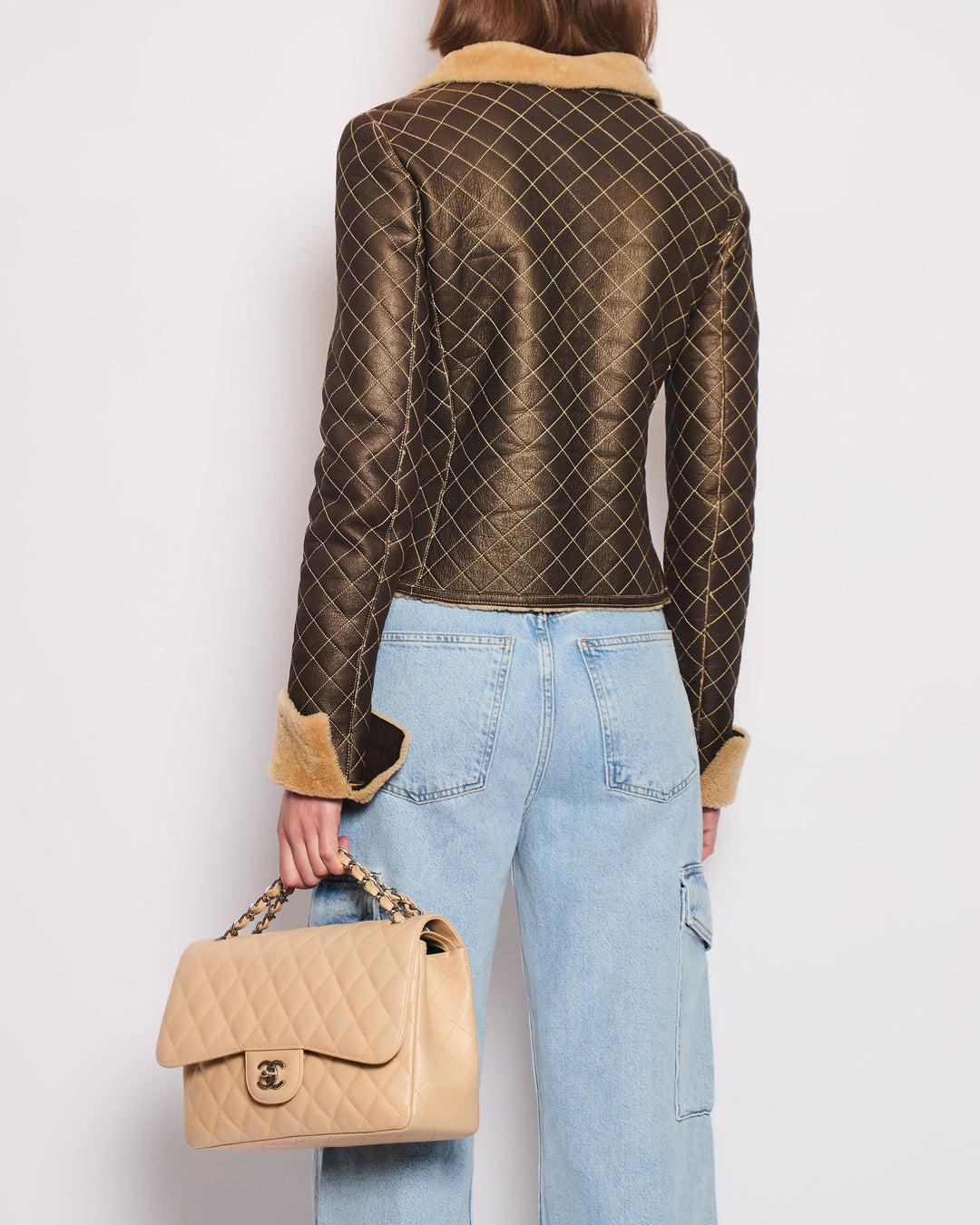 Top Quality Chanel Brown Quilted Stitch Shearling Zip -Up Jacket With Double Collar Detail FR 36 (UK 8)