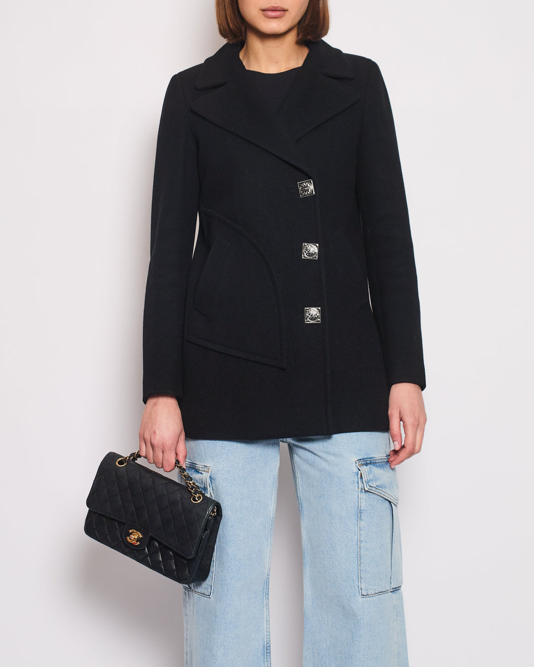 Top Quality Chanel Black Wool Coat with Square Ruthenium CC Logo Buttons Size FR 34 (UK 6)