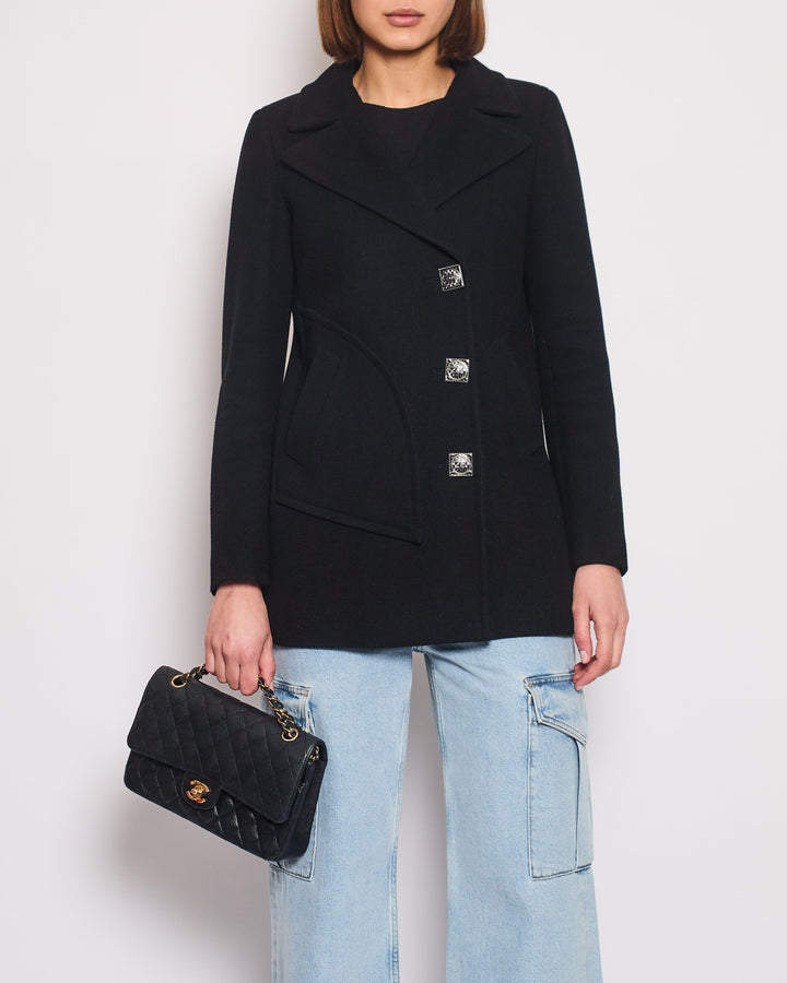 Top Quality Chanel Black Wool Coat with Square Ruthenium CC Logo Buttons Size FR 34 (UK 6)