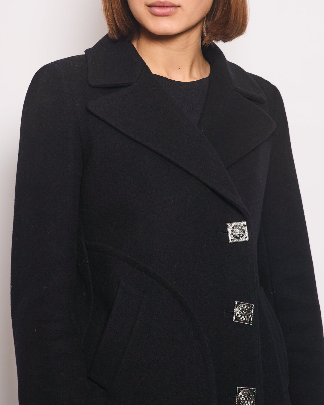 Top Quality Chanel Black Wool Coat with Square Ruthenium CC Logo Buttons Size FR 34 (UK 6)