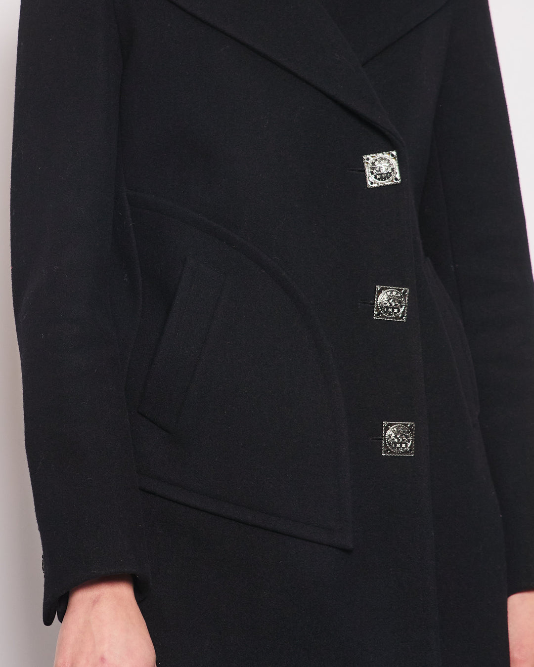 Top Quality Chanel Black Wool Coat with Square Ruthenium CC Logo Buttons Size FR 34 (UK 6)