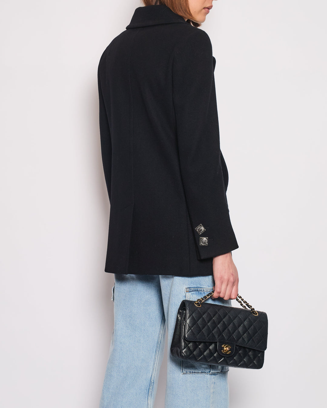 Top Quality Chanel Black Wool Coat with Square Ruthenium CC Logo Buttons Size FR 34 (UK 6)