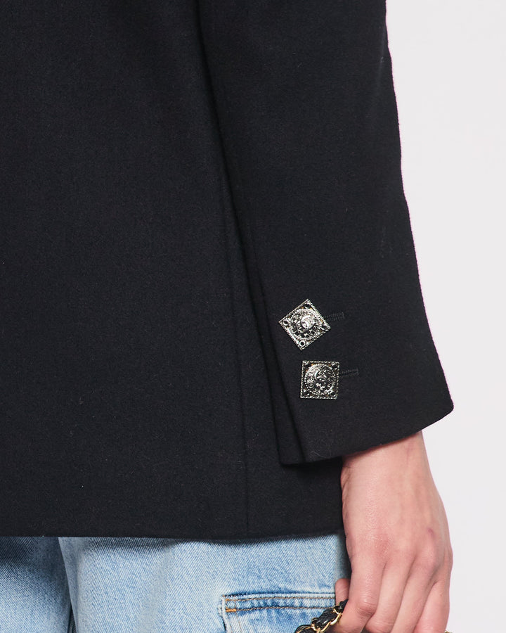 Top Quality Chanel Black Wool Coat with Square Ruthenium CC Logo Buttons Size FR 34 (UK 6)