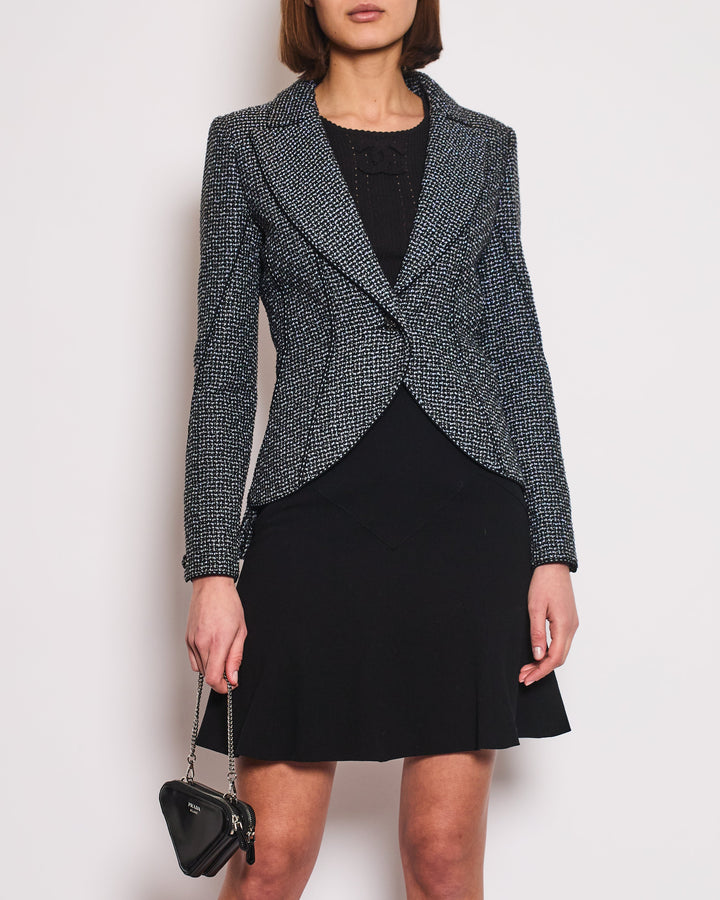 Top Quality Chanel Black & Grey Metallic Tweed Curved Hem Jacket with Ruthenium CC Button Detail FR 36 (UK 8)