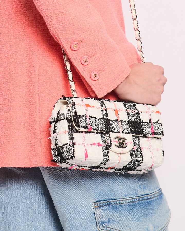 *HOT* Top Quality Chanel White Tweed Mini Rectangular Single Flap Bag with Black & White Details and Silver Hardware