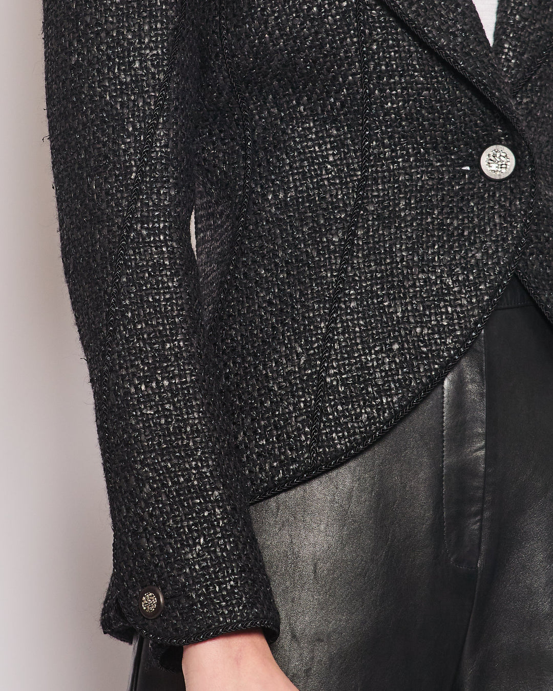 Top Quality Chanel Black Coated Tweed Curved Hem Jacket with Silver CC Button Detail FR 36 (UK 8)