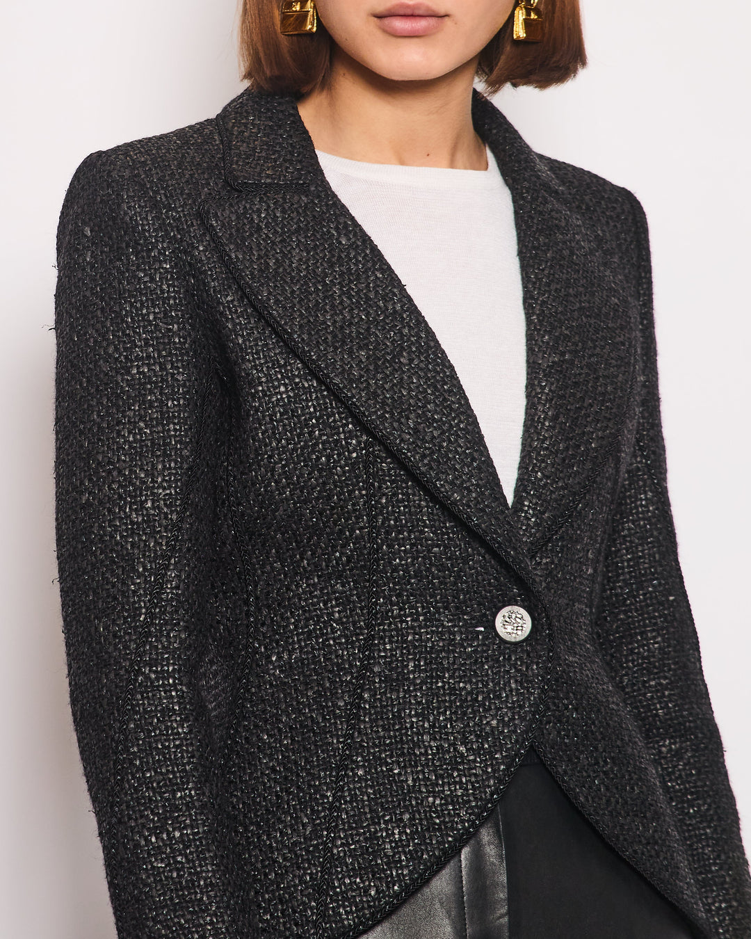 Top Quality Chanel Black Coated Tweed Curved Hem Jacket with Silver CC Button Detail FR 36 (UK 8)