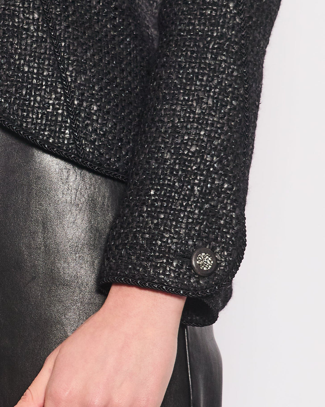 Top Quality Chanel Black Coated Tweed Curved Hem Jacket with Silver CC Button Detail FR 36 (UK 8)