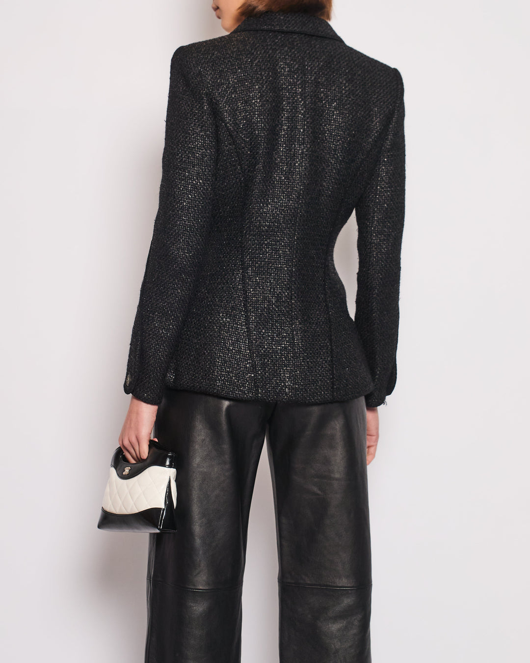 Top Quality Chanel Black Coated Tweed Curved Hem Jacket with Silver CC Button Detail FR 36 (UK 8)