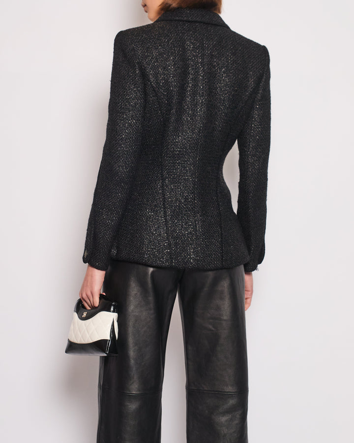 Top Quality Chanel Black Coated Tweed Curved Hem Jacket with Silver CC Button Detail FR 36 (UK 8)