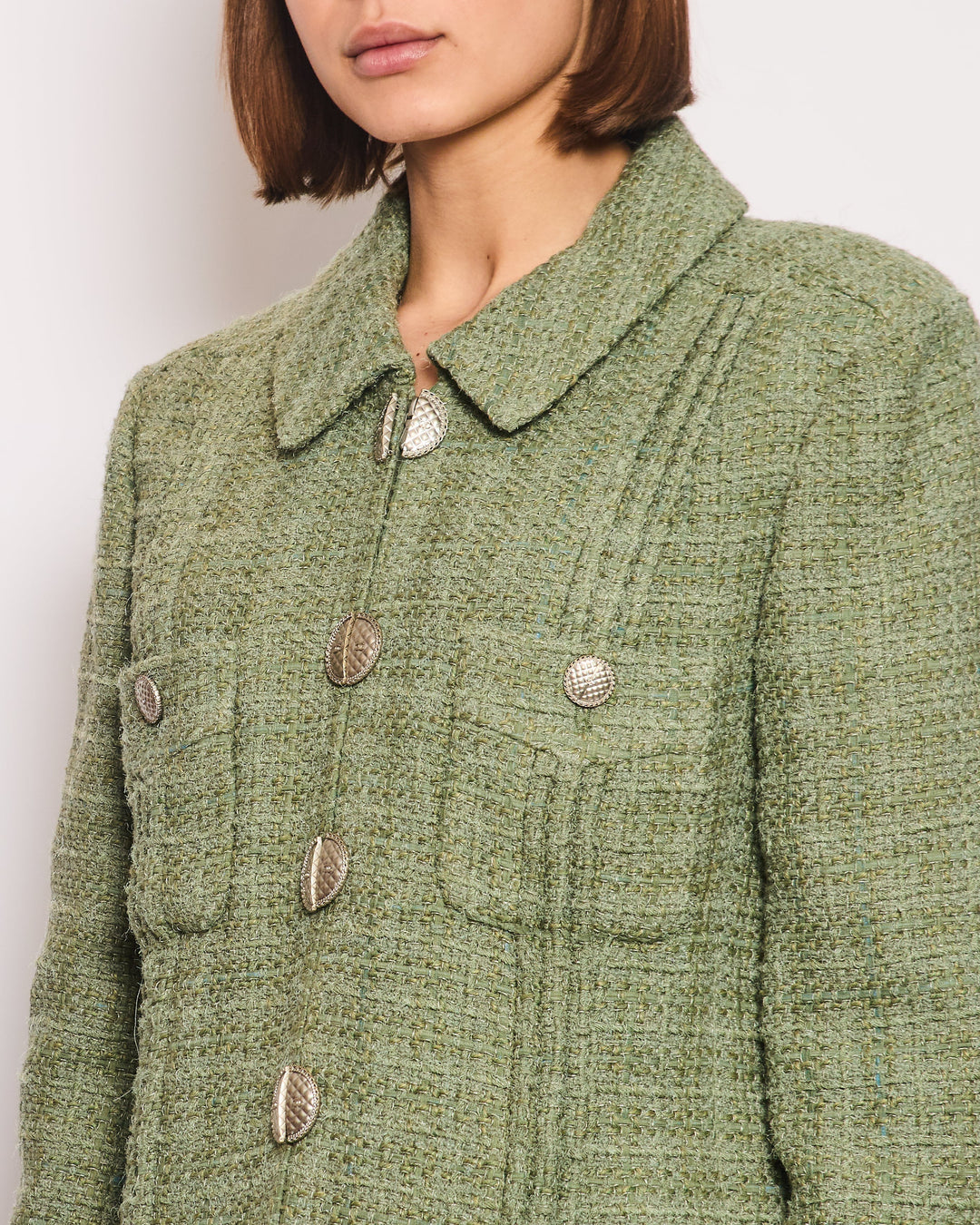 Top Quality Chanel Pistachio Green Tweed Jacket with CC Silver Split Button Detail Size FR 44 (UK 12)