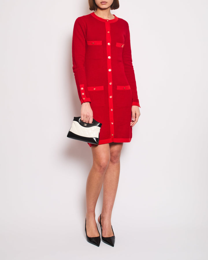 *HOT* Top Quality Chanel Red Long Sleeve Knit Mini Dress with Multi Icon Logo Button Details FR 38 (UK 10)