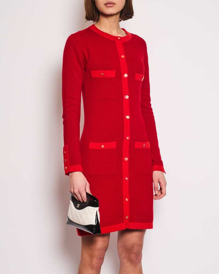 *HOT* Top Quality Chanel Red Long Sleeve Knit Mini Dress with Multi Icon Logo Button Details FR 38 (UK 10)