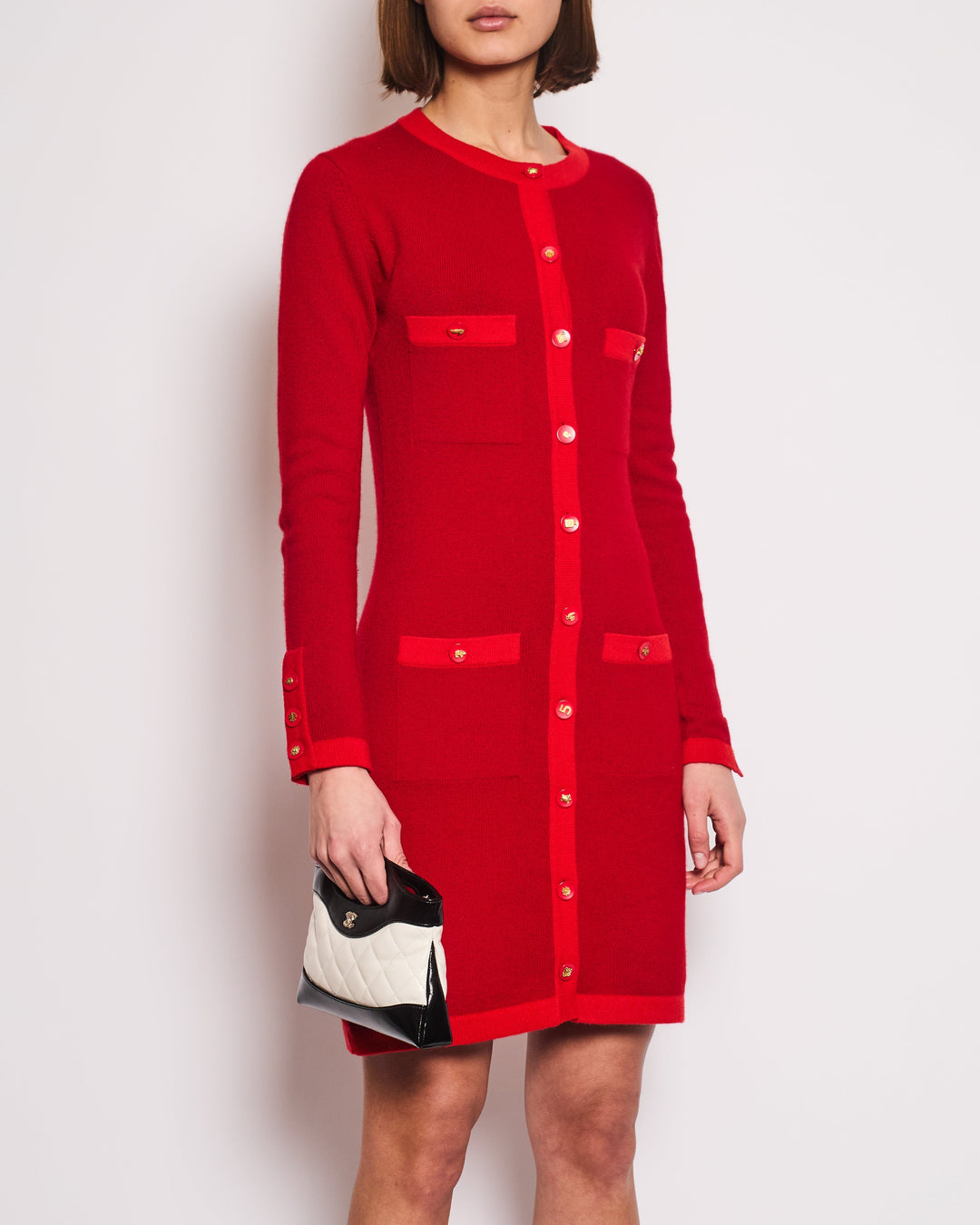 *HOT* Chanel Red Long Sleeve Knit Mini Dress with Multi Icon Logo Button Details FR 38 (UK 10)