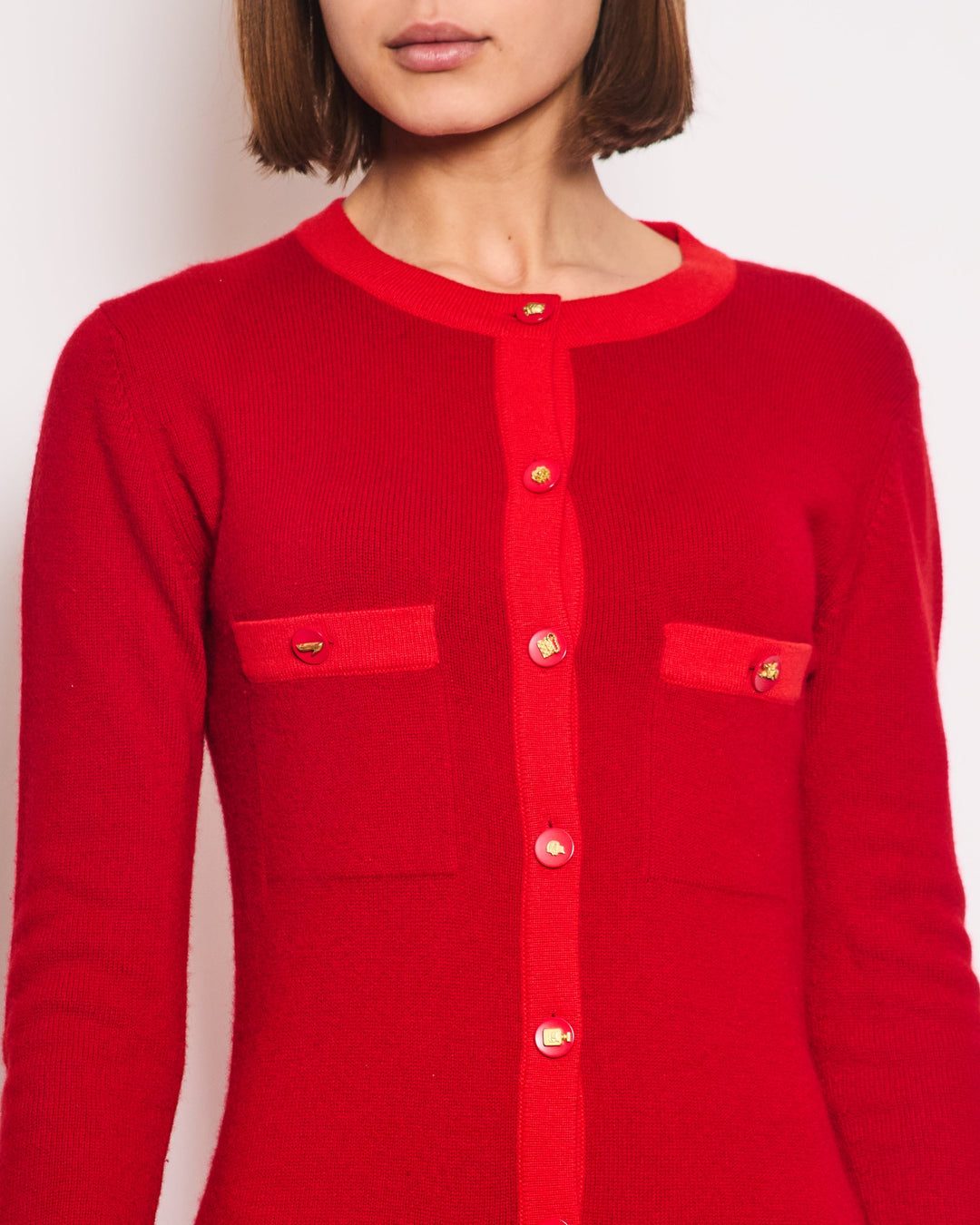 *HOT* Top Quality Chanel Red Long Sleeve Knit Mini Dress with Multi Icon Logo Button Details FR 38 (UK 10)