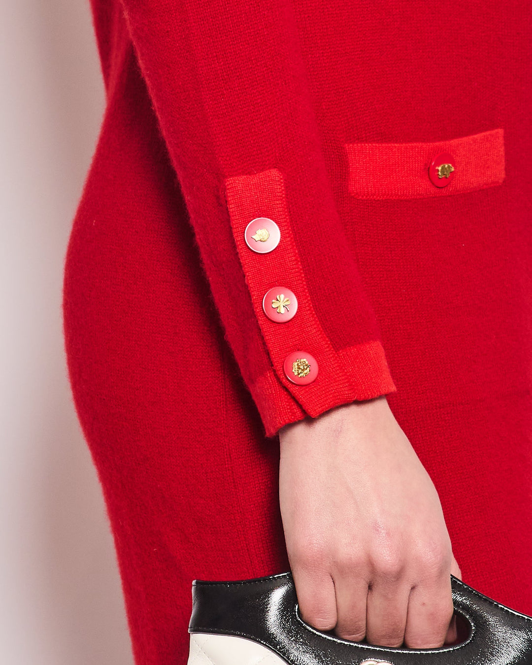 *HOT* Top Quality Chanel Red Long Sleeve Knit Mini Dress with Multi Icon Logo Button Details FR 38 (UK 10)