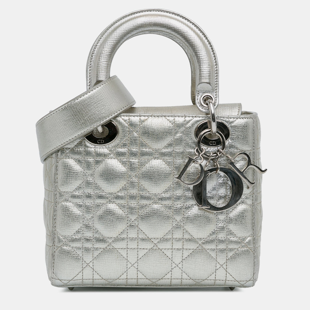 Top quality Dior Silver Metallic Grained Calfskin Leather Small Cannage Lucky Badges My Lady Shoulder Bag