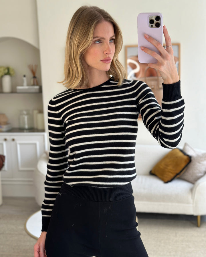 Top Quality Chanel Black and White Striped Cashmere Jumper with Silver Detail Size FR 38 (UK 10)