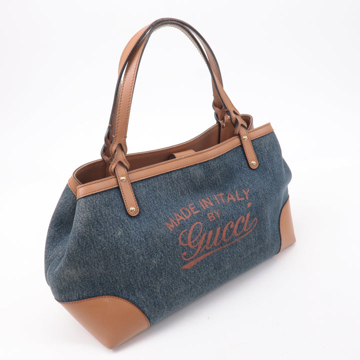 GUCCI Craft Denim Leather Tote Bag Hand Bag Navy Brown 348715