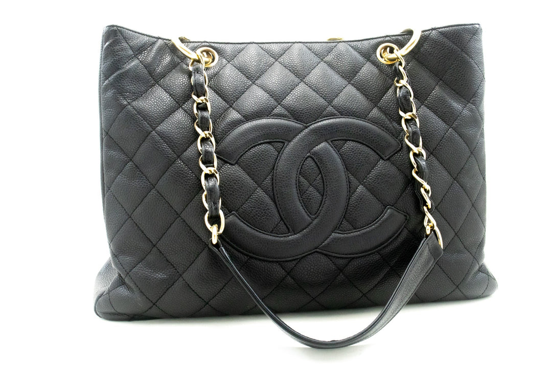 Chanel Caviar GST 13" Grand Shopping Tote Chain Shoulder Bag Black