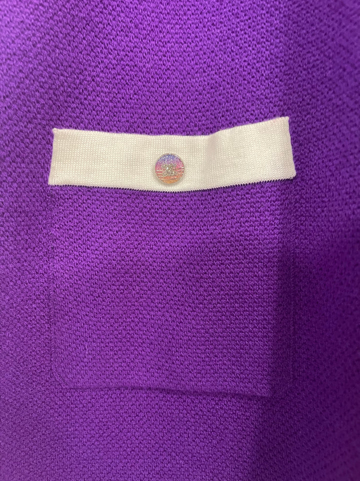 Top Quality Chanel Cruise 2024 Purple Cashmere Short Sleeve Hooded Mini Dress with Crystal Multicolour CC Buttons Detail Size FR 36 (UK 8)
