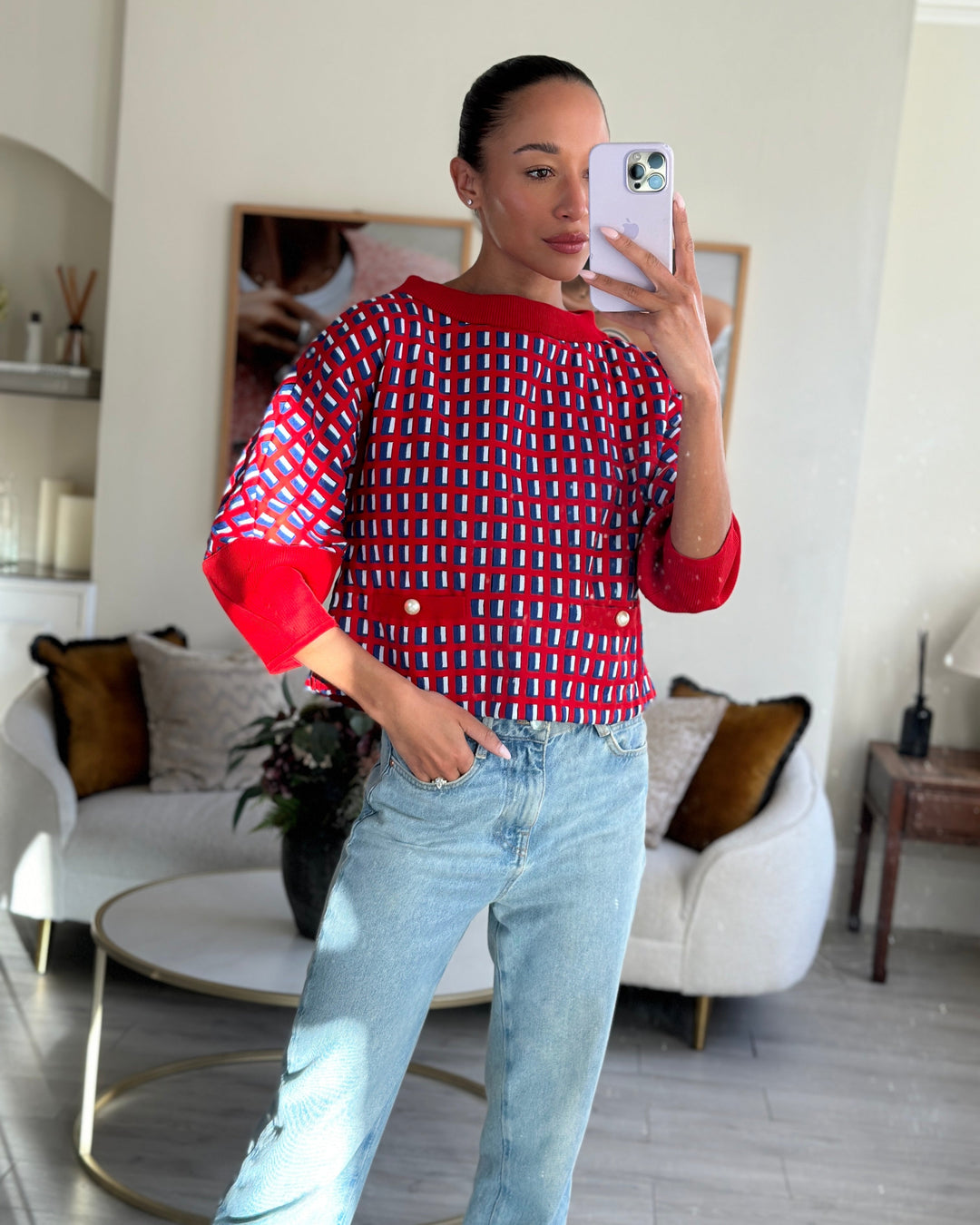 Top Quality Chanel SS13 Red Knit Jumper with Pearl Pockets & Blue and White Window Detail Size FR 36 (UK 8)