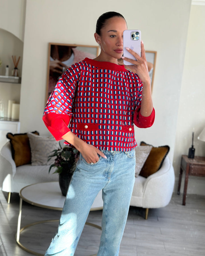 Top Quality Chanel SS13 Red Knit Jumper with Pearl Pockets & Blue and White Window Detail Size FR 36 (UK 8)