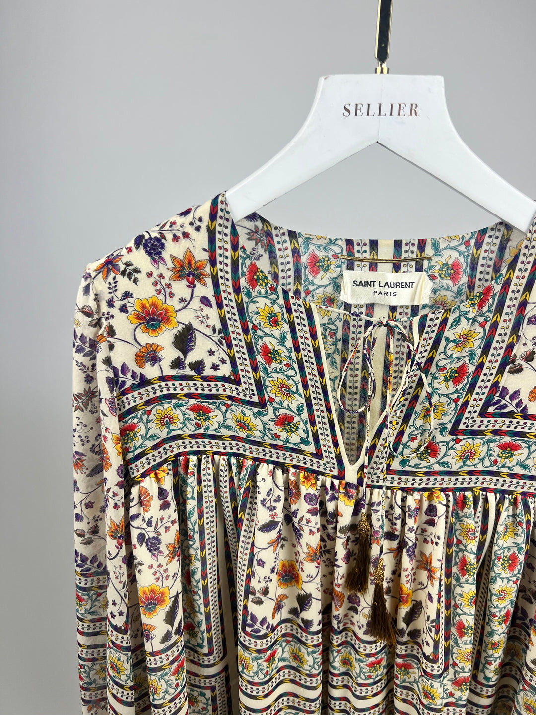 Saint Laurent Cream Silk Tunic Dress with Multi-Colour Floral Pattern Detail Size FR 36 (UK 8)